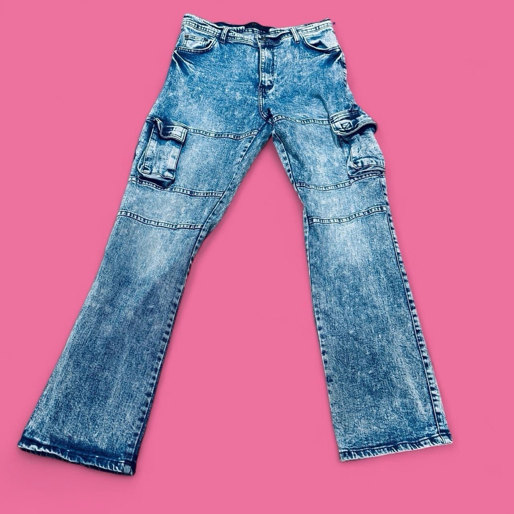Y2K GS-115 Cargo Jeans Womens 30x31 Bootcut Flare Acid Wash Denim 2000s